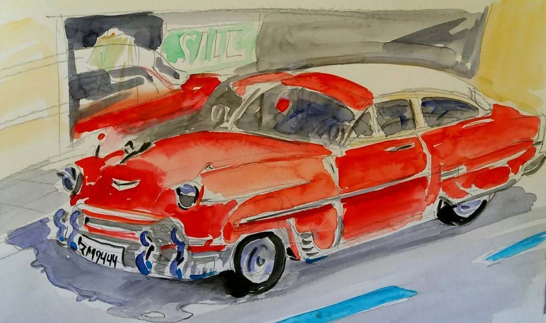  a vintage car parked in Athens street, watercolor on paper. for sale $500